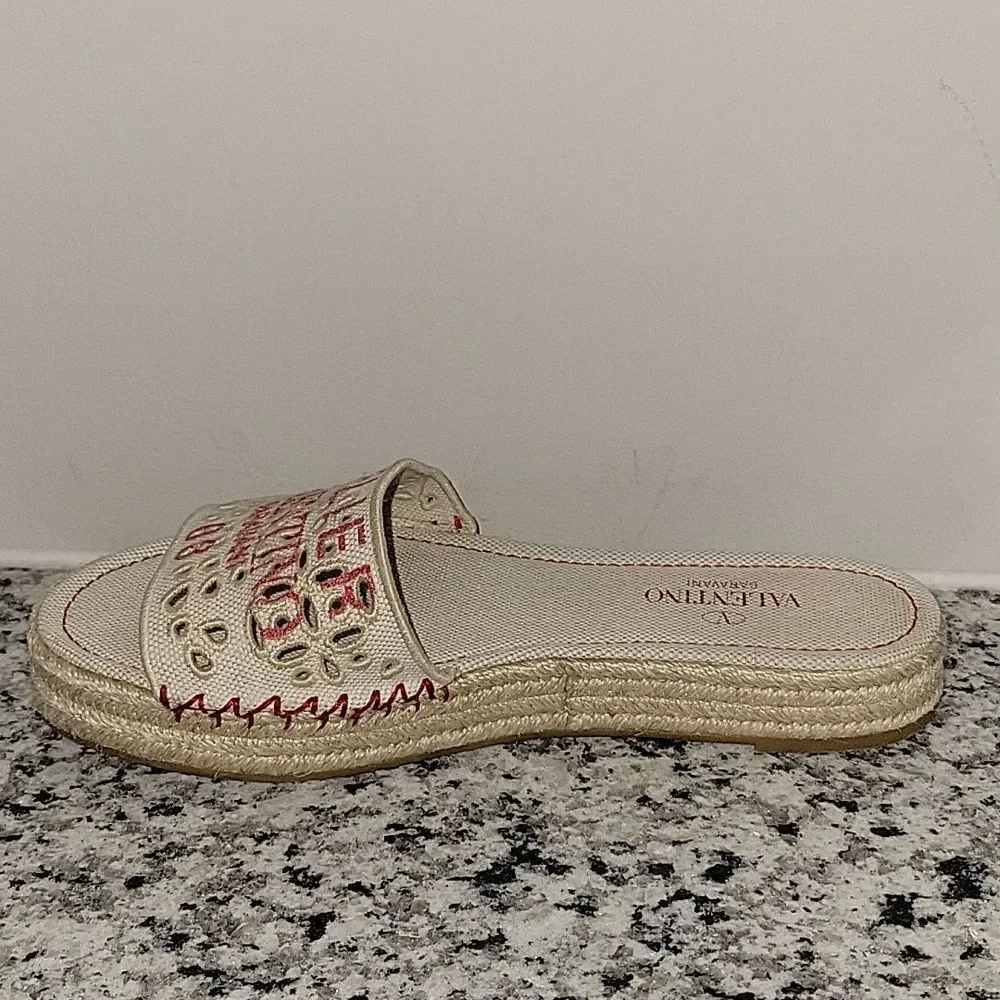 VALENTINO GARAVANI Atelier Eyelet Flat Espadrille Slide Sandals Natural 37.5